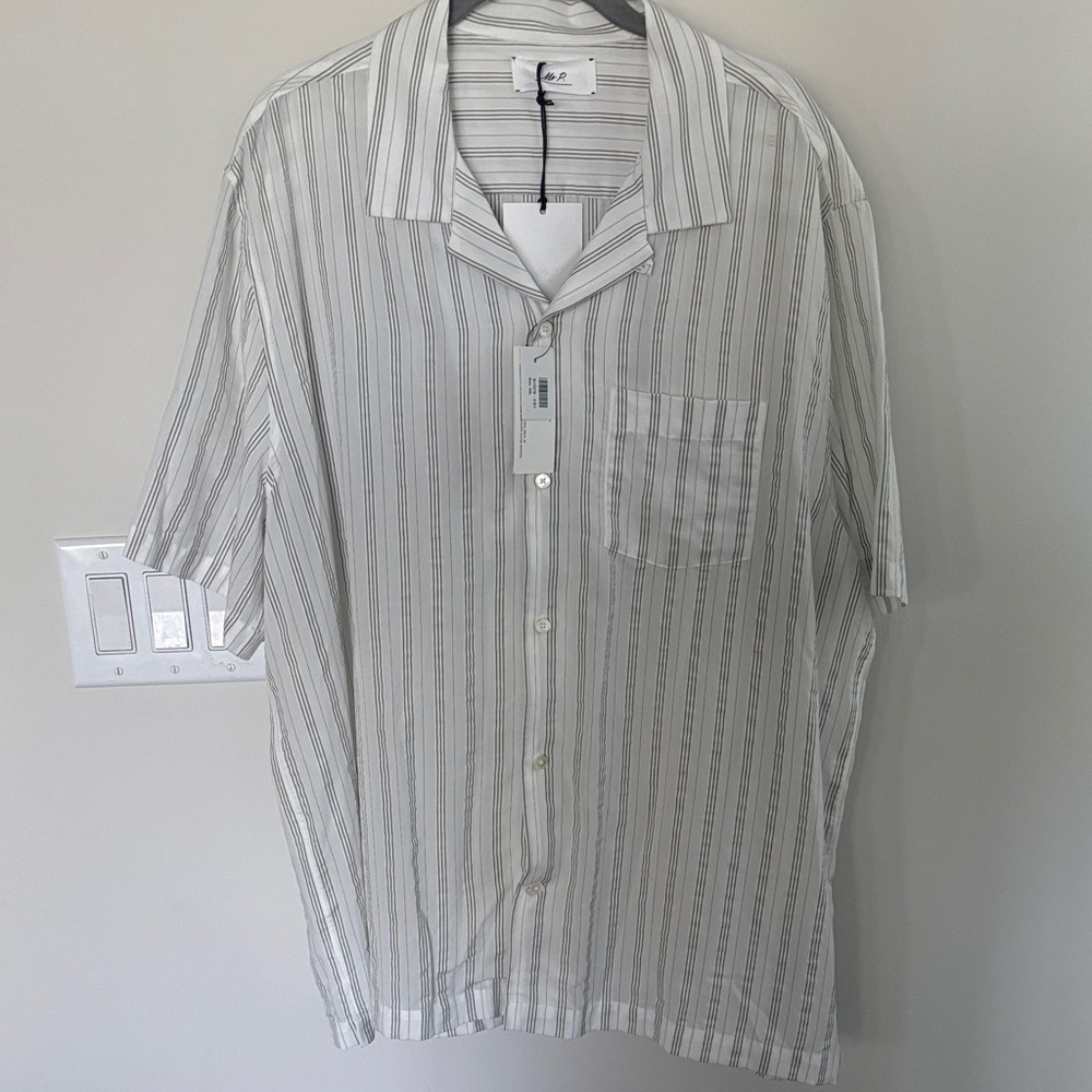 NWT! Mr. Porter boxy fit Camp Collar Men's Striped Button-Up Shirt, size XXL.